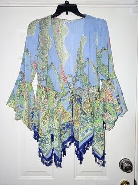 Umgee Light Blue Paisley Fringe Kimono Jacket/Beach Cover up. Sz L SEE PICS!!!